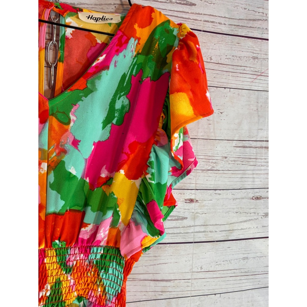 Haptics Summer Romper Retro Abstract Flutter Sleeve Smocked - Small Multicolor - Picture 4 of 11